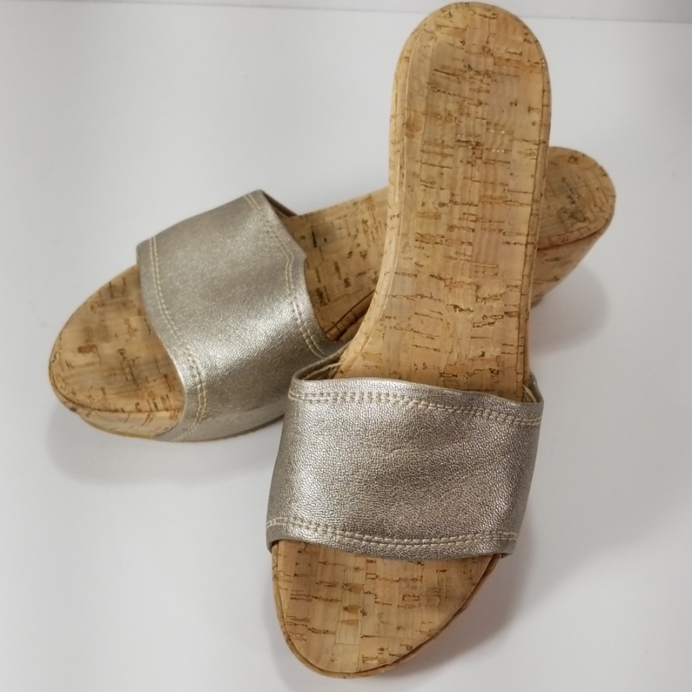 Stuart Weitzman gold corky slip on wedge sandals